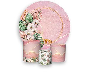 Painel De Festa Redondo 1,50 x 1,50 + Trio De Capas Cilindro - Efeito Marmorizado Rosa com Flores 023