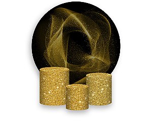 Painel De Festa Redondo 1,50 x 1,50 + Trio De Capas Cilindro - Dourado Efeito Glitter Brilhante 027