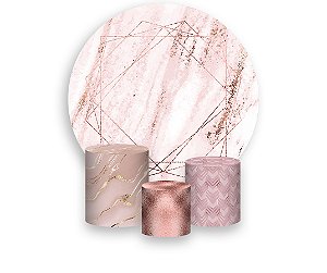 Painel De Festa Redondo 1,50 x 1,50 + Trio De Capas Cilindro - Efeito Mármore Rose Gold 029