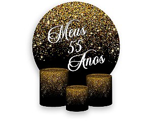 Painel De Festa Redondo 1,50 x 1,50 + Trio De Capas Cilindro - Efeito Glitter Dourado Meus 55 Anos 047