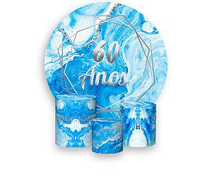 Painel De Festa Redondo 1,50 x 1,50 + Trio De Capas Cilindro - Idade Azul Com Prata 60 Anos 010