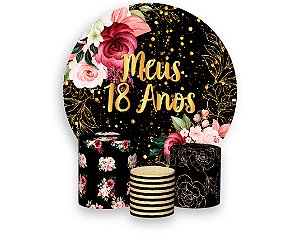 Painel De Festa Redondo 1,50 x 1,50 + Trio De Capas Cilindro - Flores Meus 18 Anos Dourado 020