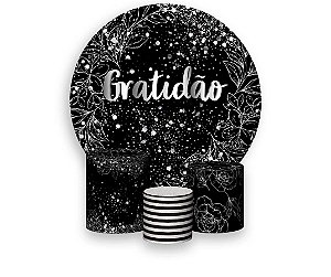 Painel De Festa Redondo 1,50 x 1,50 + Trio De Capas Cilindro - Efeito Brilhos Gratidão Prateado 087