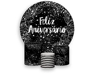 Painel De Festa Redondo 1,50 x 1,50 + Trio De Capas Cilindro - Efeito Feliz Aniversário Prateado 089