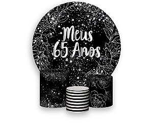 Painel De Festa Redondo 1,50 x 1,50 + Trio De Capas Cilindro - Efeito Brilho Meus 65 Anos Prateado 101