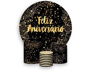 Painel De Festa Redondo 1,50 x 1,50 + Trio De Capas Cilindro - Efeito Brilho Feliz Aniversário Dourado 108
