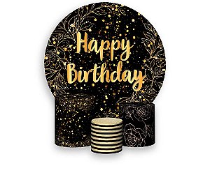Painel De Festa Redondo 1,50 x 1,50 + Trio De Capas Cilindro - Efeito Brilho Happy Birthday Dourado 110