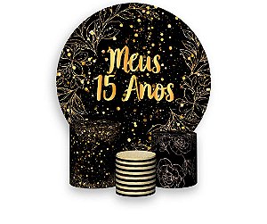 Painel De Festa Redondo 1,50 x 1,50 + Trio De Capas Cilindro - Efeito Brilho Meus 15 Anos Dourado 111