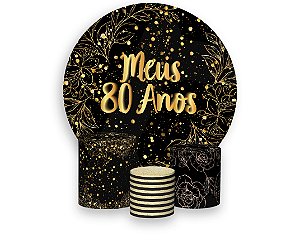 Painel De Festa Redondo 1,50 x 1,50 + Trio De Capas Cilindro - Efeito Brilho Meus 80 Anos Dourado 125