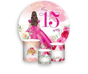 Painel De Festa Redondo 1,50 x 1,50 + Trio De Capas Cilindro - 15 Anos Princesa  Pink 144