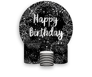 Painel De Festa Redondo 1,50 x 1,50 + Trio De Capas Cilindro - Efeito Brilhos Happy Birthday Prateado 149