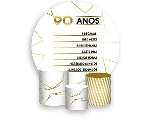 Painel De Festa Redondo 1,50 x 1,50 + Trio De Capas Cilindro - Efeito Geométrico Dourado 90 Anos 152