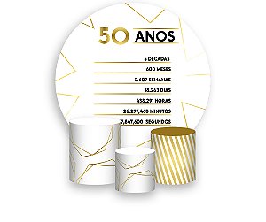 Painel De Festa Redondo 1,50 x 1,50 + Trio De Capas Cilindro - Efeito Geométrico Dourado 50 Anos 156