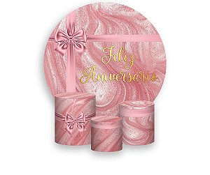 Painel De Festa Redondo 1,50 x 1,50 + Trio De Capas Cilindro - Feliz Aniversário Efeito Metálico Rosa 159
