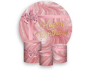 Painel De Festa Redondo 1,50 x 1,50 + Trio De Capas Cilindro - Happy Birthday Efeito Metálico Rosa 160