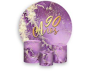 Painel De Festa Redondo 1,50 x 1,50 + Trio De Capas Cilindro - Efeito Mármore Roxo com Dourado 90 Anos 162