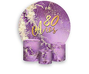 Painel De Festa Redondo 1,50 x 1,50 + Trio De Capas Cilindro - Efeito Mármore Roxo com Dourado 80 Anos 163