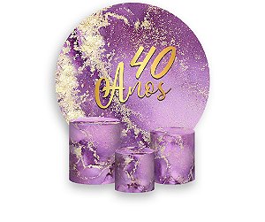 Painel De Festa Redondo 1,50 x 1,50 + Trio De Capas Cilindro - Efeito Mármore Roxo com Dourado 40 Anos 167