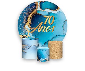 Painel De Festa Redondo 1,50 x 1,50 + Trio De Capas Cilindro - Efeito Mármore Azul com Dourado Idade 70 Anos 174