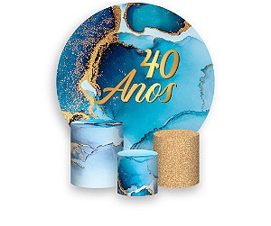 Painel De Festa Redondo 1,50 x 1,50 + Trio De Capas Cilindro - Efeito Mármore Azul com Dourado Idade 40 Anos 177