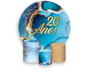 Painel De Festa Redondo 1,50 x 1,50 + Trio De Capas Cilindro - Efeito Mármore Azul com Dourado Idade 20 Anos 179