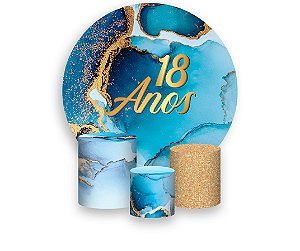 Painel De Festa Redondo 1,50 x 1,50 + Trio De Capas Cilindro - Efeito Mármore Azul com Dourado Idade 18 Anos 180