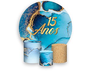 Painel De Festa Redondo 1,50 x 1,50 + Trio De Capas Cilindro - Efeito Mármore Azul com Dourado Idade 15 Anos 181