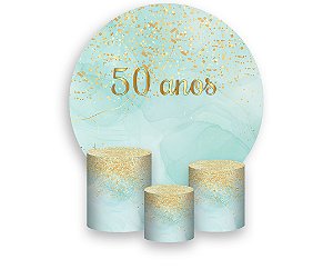 Painel De Festa Redondo 1,50 x 1,50 + Trio De Capas Cilindro - Efeito Glitter Dourado 50 anos 286