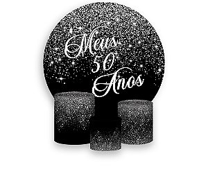 Painel De Festa Redondo 1,50 x 1,50 + Trio De Capas Cilindro - Efeito Glitter Prata Meus 50 Anos 298