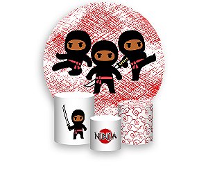 Painel De Festa Redondo 1,50 x 1,50 + Trio De Capas Cilindro - Ninja Cute Vermelho 046