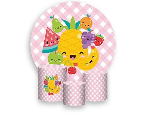Painel De Festa Redondo 1,50 x 1,50 + Trio De Capas Cilindro - Frutinhas Cute Xadrez Rosa 055
