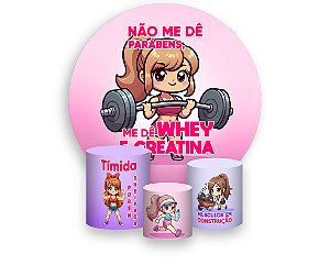 Painel De Festa Redondo 1,50 x 1,50 + Trio De Capas Cilindro - Academia Menina Loira Fitness 057