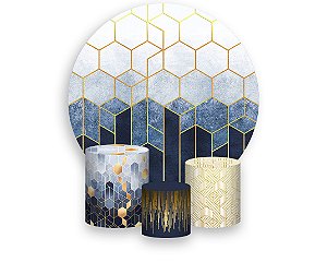 Painel De Festa Redondo 1,50 x 1,50 + Trio De Capas Cilindro - Efeito Geométrico Azul Masculino 010