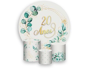 Painel De Festa Redondo 1,50 x 1,50 + Trio De Capas Cilindro - Folhagens 20 Anos 015