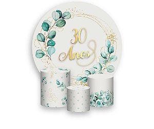 Painel De Festa Redondo 1,50 x 1,50 + Trio De Capas Cilindro - Folhagens 30 Anos 017