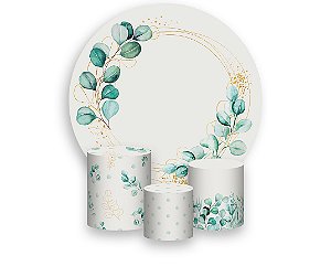 Painel De Festa Redondo 1,50 x 1,50 + Trio De Capas Cilindro - Efeito Geométrico Folhagens 028