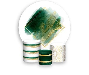 Painel De Festa Redondo 1,50 x 1,50 + Trio De Capas Cilindro - Efeito Geométrico Verde Escuro com Dourado 029