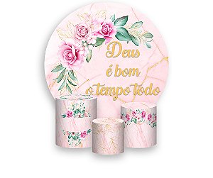 Painel De Festa Redondo 1,50 x 1,50 + Trio De Capas Cilindro - Deus é Bom Efeito Mármore Rosa 012