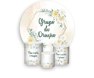 Painel De Festa Redondo 1,50 x 1,50 + Trio De Capas Cilindro - Grupo de Oração Bege Floral 021