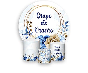 Painel De Festa Redondo 1,50 x 1,50 + Trio De Capas Cilindro - Grupo de Oração Floral Azul 022