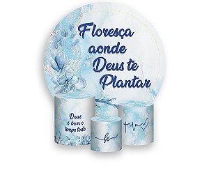 Painel De Festa Redondo 1,50 x 1,50 + Trio De Capas Cilindro - Religioso Efeito Mármore Azul 026