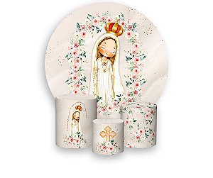Painel De Festa Redondo 1,50 x 1,50 + Trio De Capas Cilindro - Santa Nossa Senhora de Fátima Cute 006