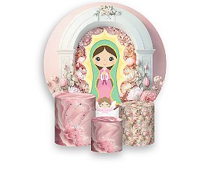 Painel De Festa Redondo 1,50 x 1,50 + Trio De Capas Cilindro - Nossa Senhora Virgem de Guadalupe Rosa 015