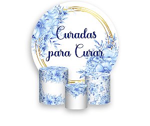 Painel De Festa Redondo 1,50 x 1,50 + Trio De Capas Cilindro - Curadas Para Curar Floral Azul 031