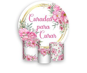 Painel De Festa Redondo 1,50 x 1,50 + Trio De Capas Cilindro - Curadas Para Curar Floral Rosa 032