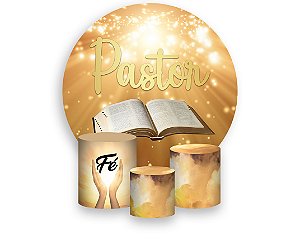 Painel De Festa Redondo 1,50 x 1,50 + Trio De Capas Cilindro - Pastor Efeito Brilhos Dourados 039