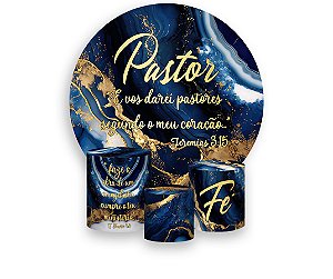 Painel De Festa Redondo 1,50 x 1,50 + Trio De Capas Cilindro - Pastor Efeito Mármore Azul e Dourados 040