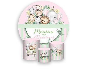 Painel De Festa Redondo 1,50 x 1,50 + Trio De Capas Cilindro - Chá Revelação Safari Verde e Rosa 028