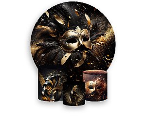Painel De Festa Redondo 1,50 x 1,50 + Trio De Capas Cilindro - Máscara Dourado e Preto 016