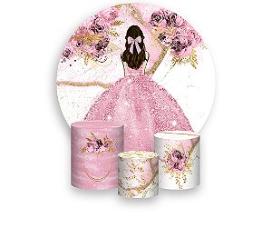 Painel De Festa Redondo 1,50 x 1,50 + Trio De Capas Cilindro - Princesa Flores Rosa 047